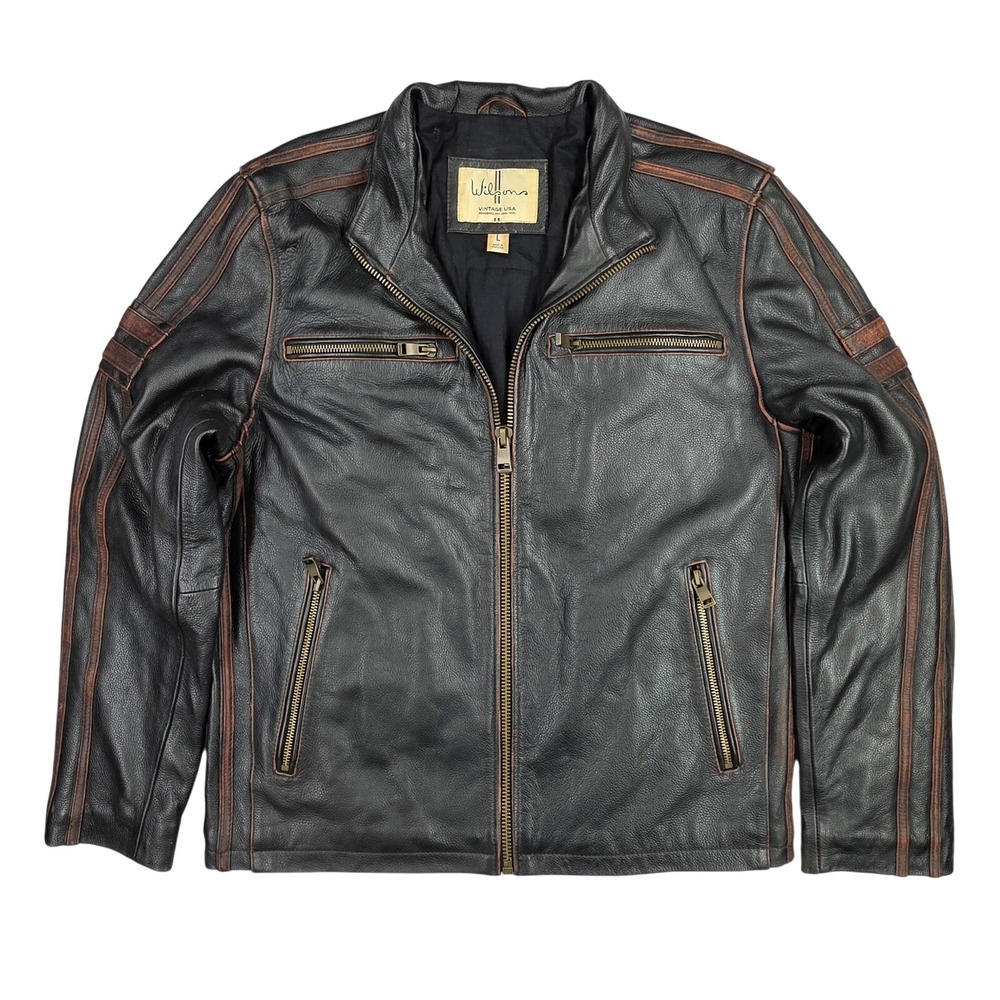 Wilsons Leather Vintage USA Mens L Black Cafe Racer Biker Jacket Brown Striped